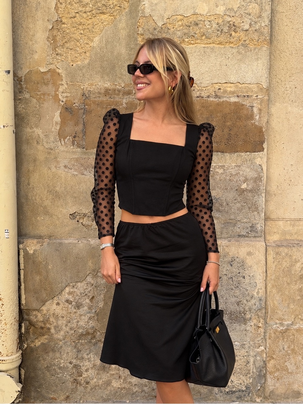 Topshop Black Polka Dot Sheer Puff Sleeve Corset Crop Top Size 4